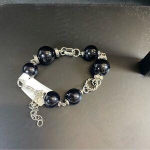 Black Beaded Silver Chain Adjustable Bracelet